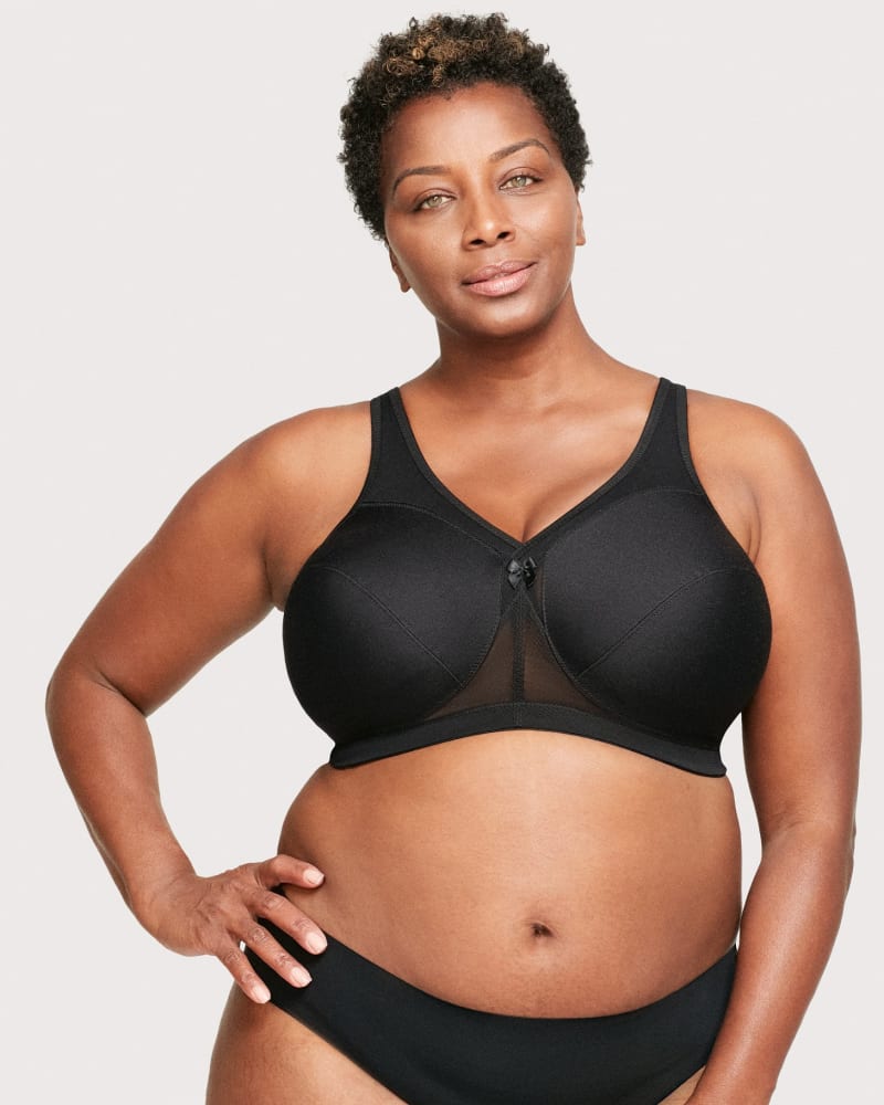 Front of a model wearing a size 44I MagicLift Active Support Bra in Black by Glamorise. | dia_product_style_image_id:262780